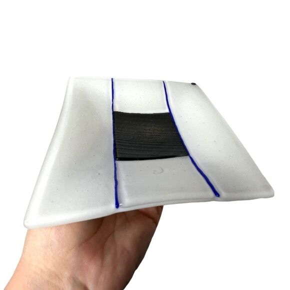 Fused Glass Trinket Plate Handmade‎ Blue Gray White Square 6.5” Murano Style - Picture 3 of 7
